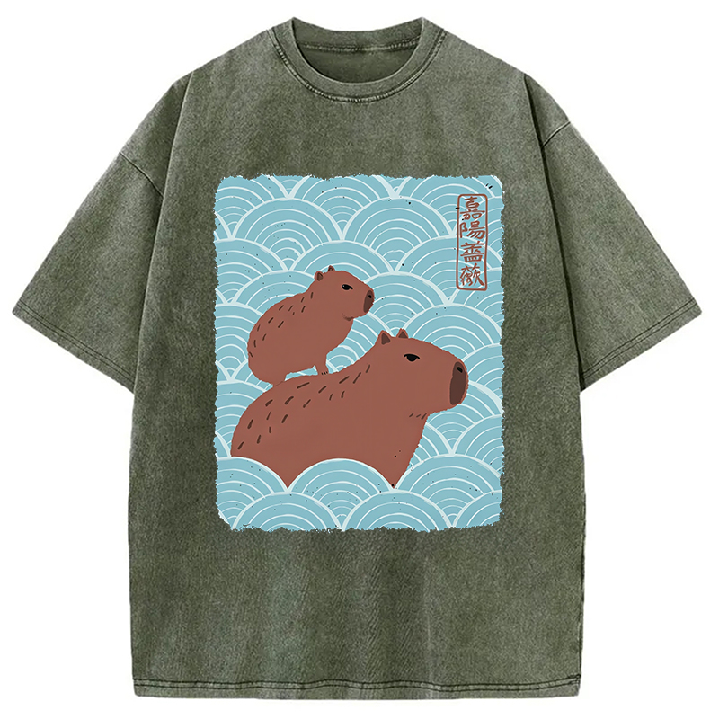 Modecanvas Kawaii Capybara Ukiyo-e Washed T-Shirt
