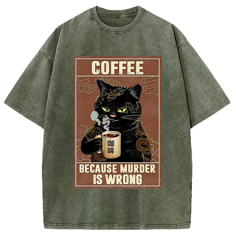 Modecanvas Cat Drinking Coffee Washed T-Shirt