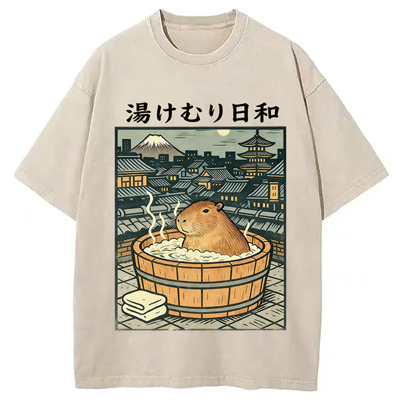 Modecanvas Capybara Bath DTG Printing Washed T-Shirt