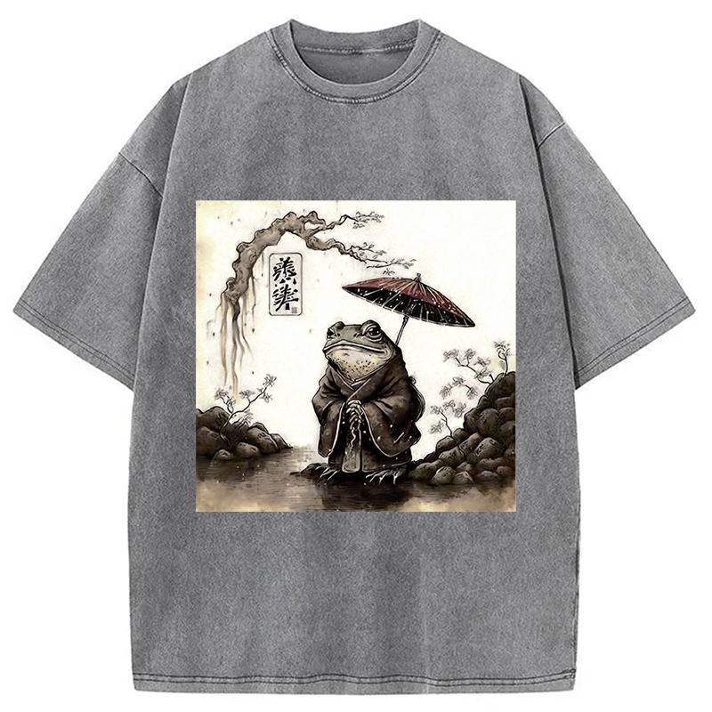Modecanvas Rainy Day Frog DTG Printing Washed T-Shirt-modecanvas