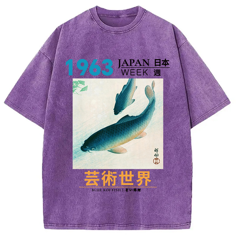 Modecanvas Blue Koi Fish DTG Printing Washed T-Shirt