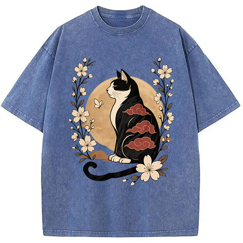Modecanvas Kawaii Japanese Cat DTG Printing Washed T-Shirt-modecanvas