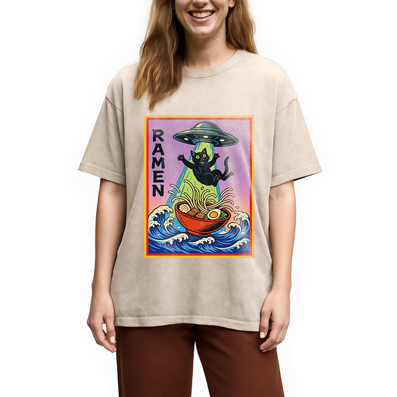 Modecanvas UFO Catching the Ramen Black Cat DTG Printing Washed T-Shirt