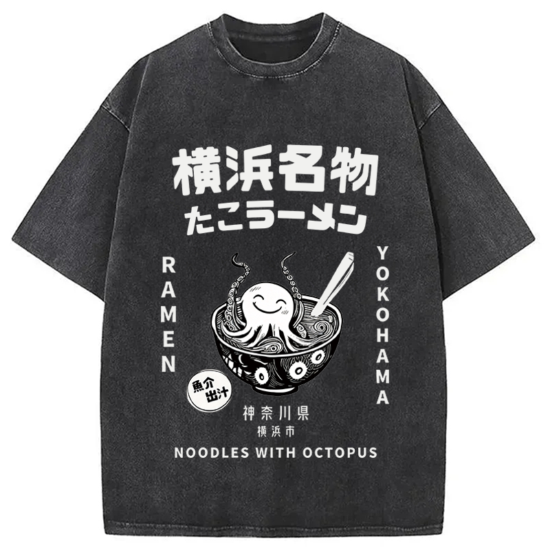 Modecanvas Japanese Kanji Art Octopus Ramen DTG Printing Washed T-Shirt