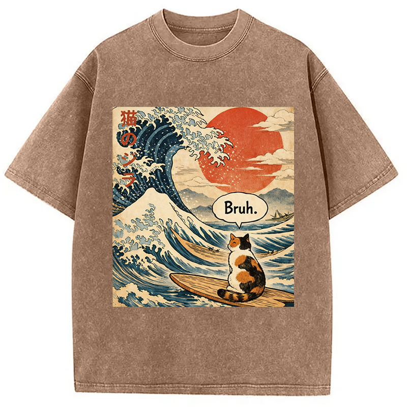 Modecanvas Bruh. The Great Wave Japanese Surfing Cat DTG Printing Washed T-Shirt