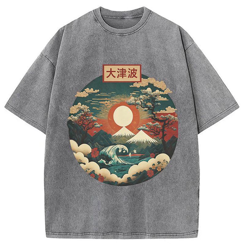 Modecanvas Japanese Red Sunset DTG Printing Washed T-Shirt