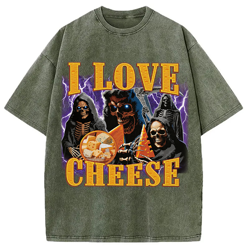 Modecanvas I Love Cheese Funny Skeleton Meme DTG Printing Washed T-Shirt