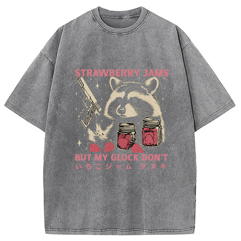 Modecanvas Strawberry Jams Funny Raccoon Washed T-Shirt For Sale