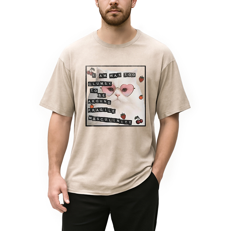 Modecanvas Funny Cat Fragile Masculinity DTG Printing Washed T-Shirt