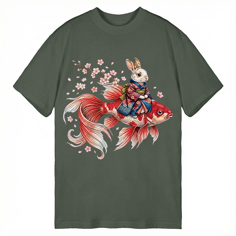 Modecanvas Japanese Style Rabbit And Koi Fish DTG Printing Classic T-Shirt-modecanvas