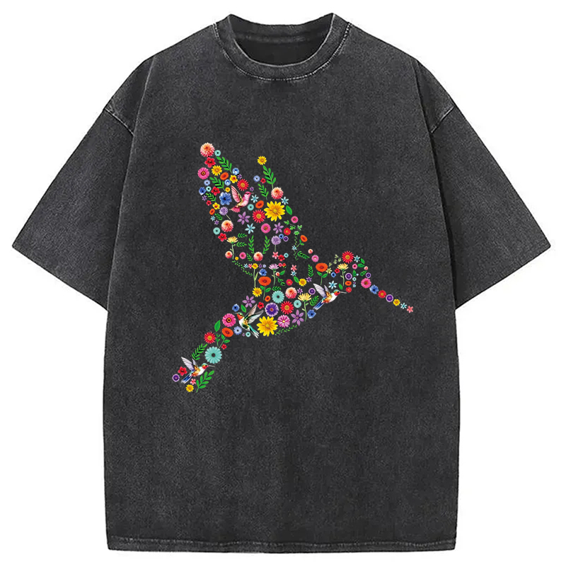 Modecanvas Floral Hummingbird DTG Printing Washed T-Shirt