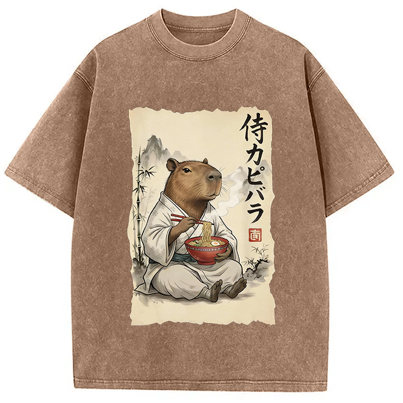 Modecanvas Funny Capybara Ramen DTG Printing Washed T-Shirt