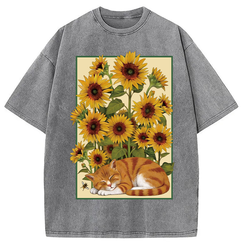 Modecanvas Sunflower Orange Cat Washed T-Shirt-modecanvas