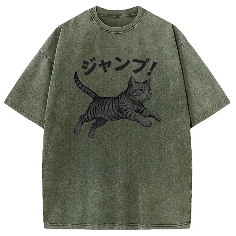 Modecanvas Jumping Tabby Funny Japanese Cat Washed T-Shirt