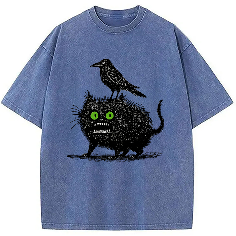 Modecanvas Crow And Black Cat Washed T-Shirt