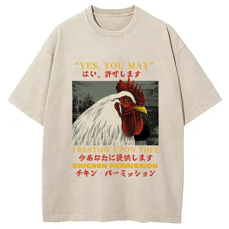 Modecanvas Chicken Permission Vintage DTG Printing Washed T-Shirt-modecanvas
