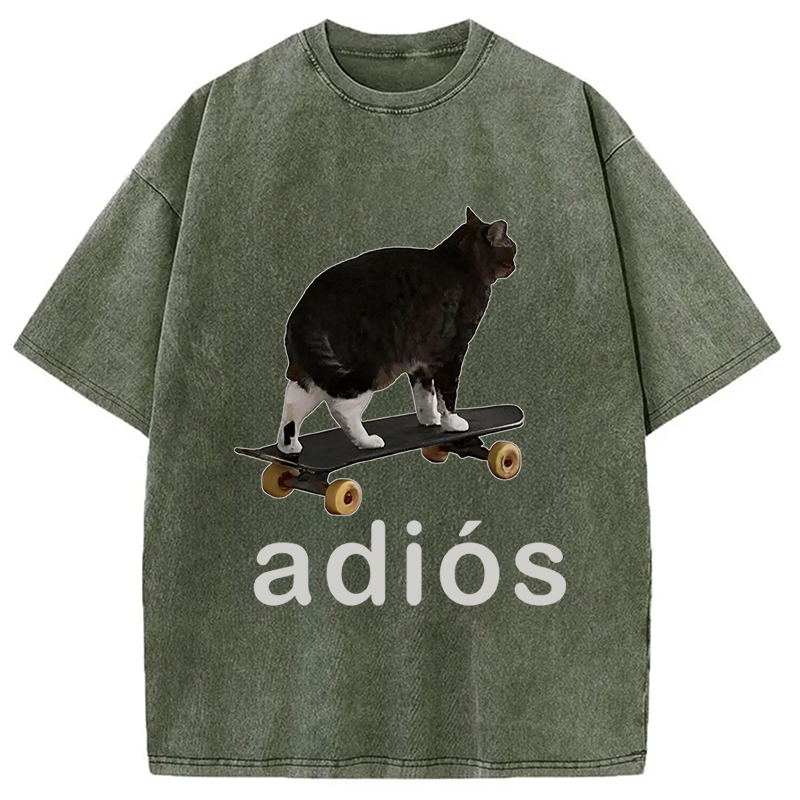 Modecanvas Adios Funny Cat Meme DTG Printing Washed T-Shirt