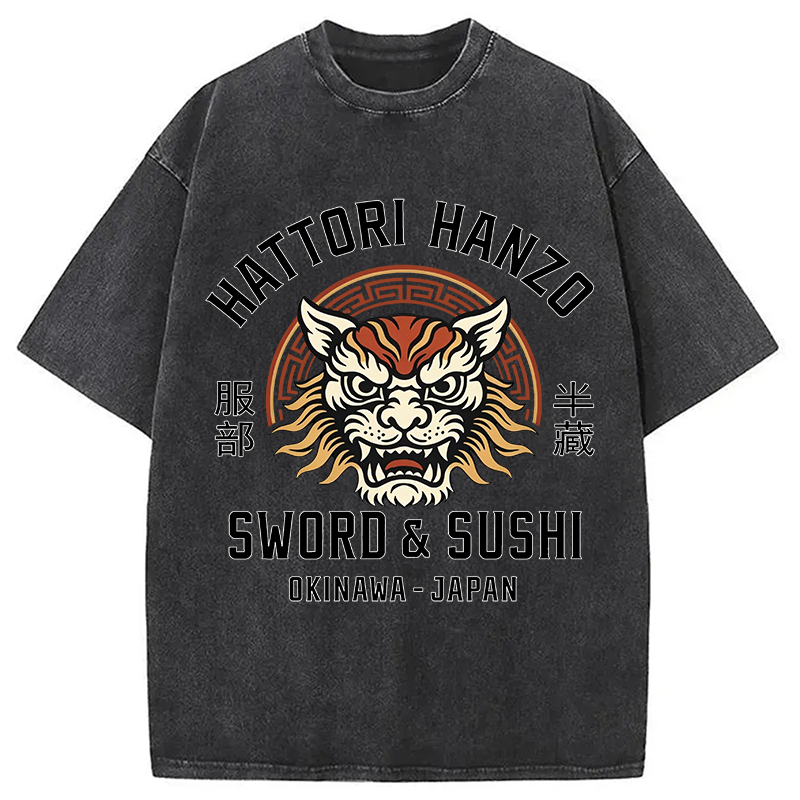Modecanvas Hattori Lion Japanese Samurai DTG Printing Washed T-Shirt