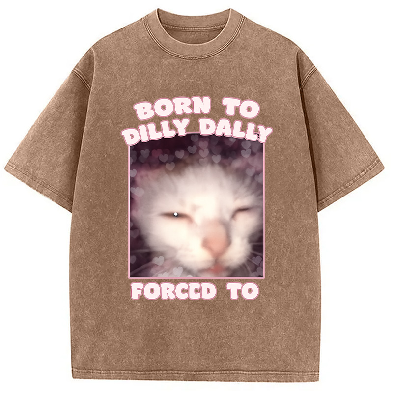 Modecanvas Born to Dilly Dally Cat Meme Washed T-Shirt