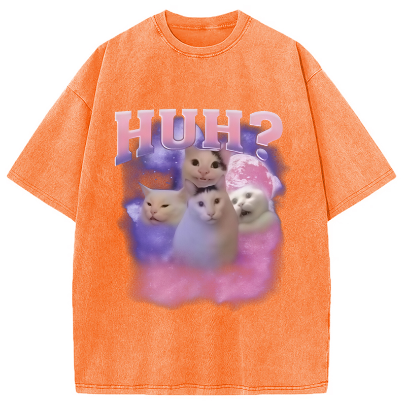Modecanvas Pink Funny Meme Huh Cat Washed T-Shirt-modecanvas