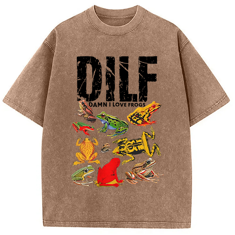 Modecanvas DILF Man I Love Frogs Funny Meme Washed T-Shirt-modecanvas