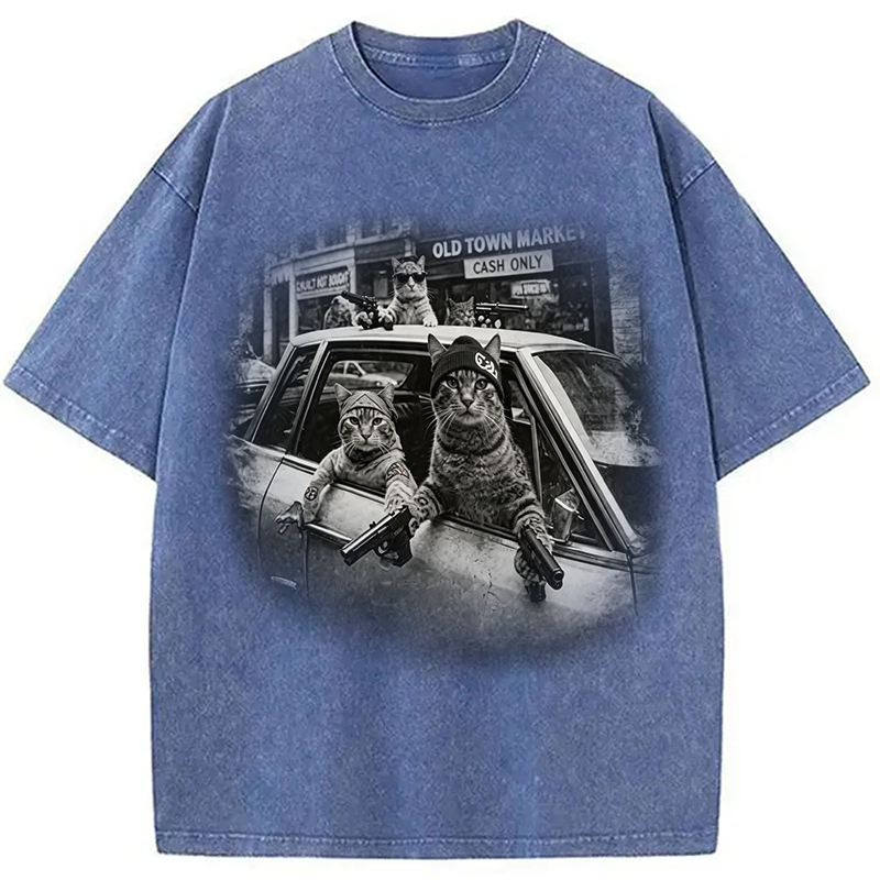 Modecanvas Gangster Cats DTG Printing Washed T-Shirt-modecanvas