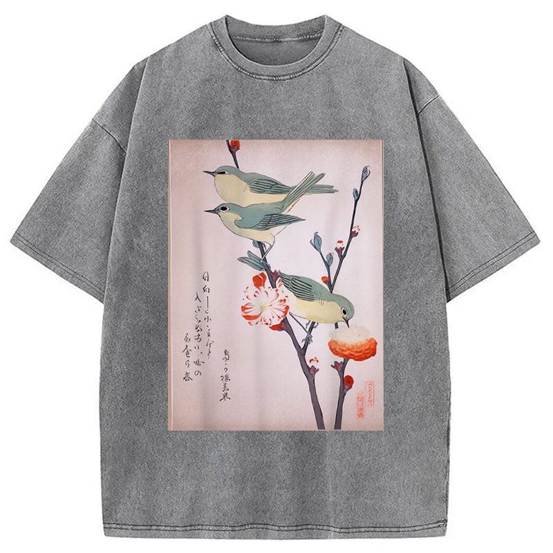 Modecanvas Japanese Art Birds on Cherry Blossom Washed T-Shirt