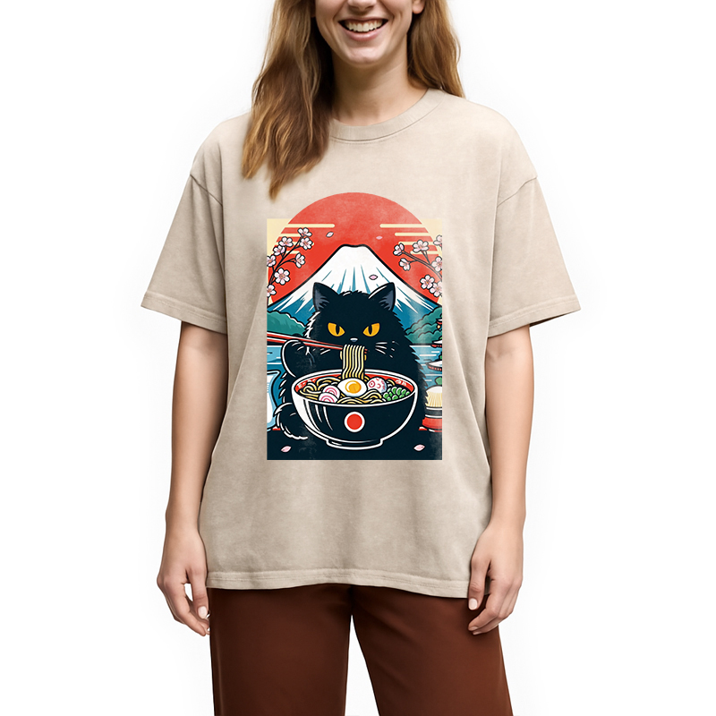Modecanvas Black Cat Having Ramen Mount Fuji DTG Printing Washed T-Shirt