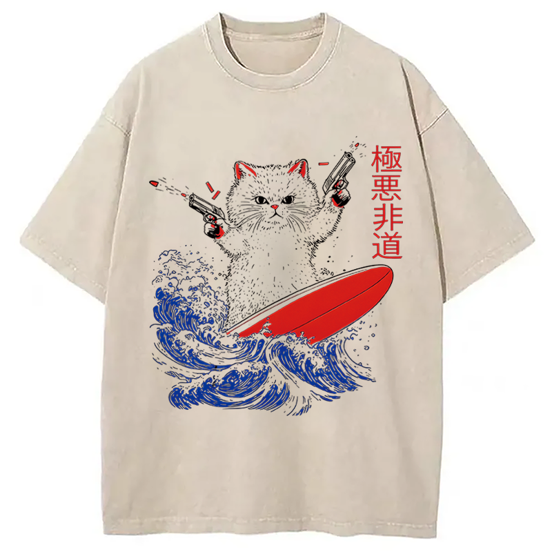 Modecanvas 90s Kitten Surf DTG Printing Washed T-Shirt-modecanvas