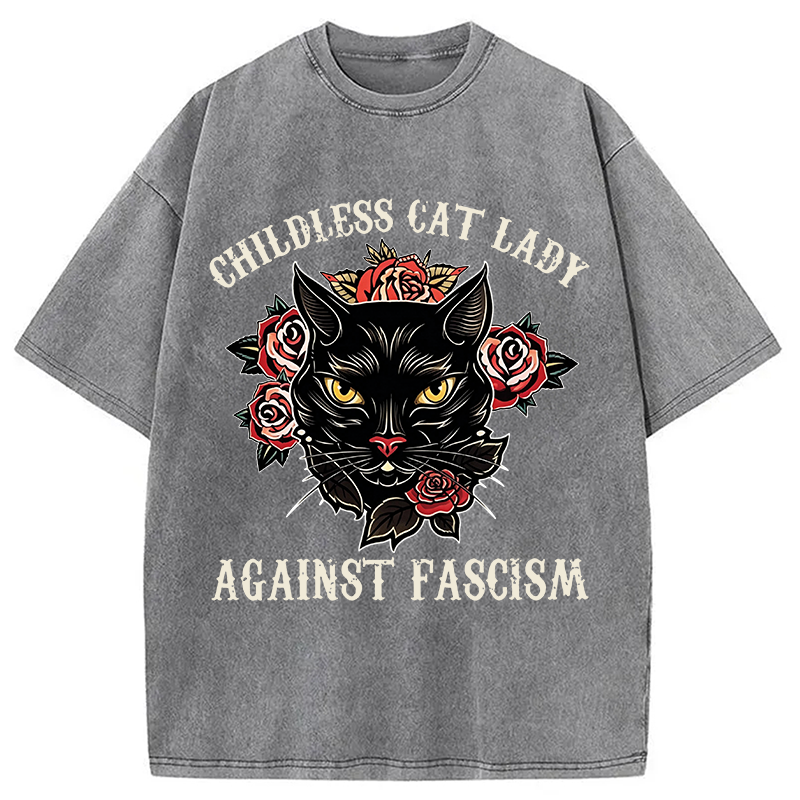 Modecanvas Childless Cat Lady Against Fascism Funny Cat Meme DTG Printing Washed T-Shirt