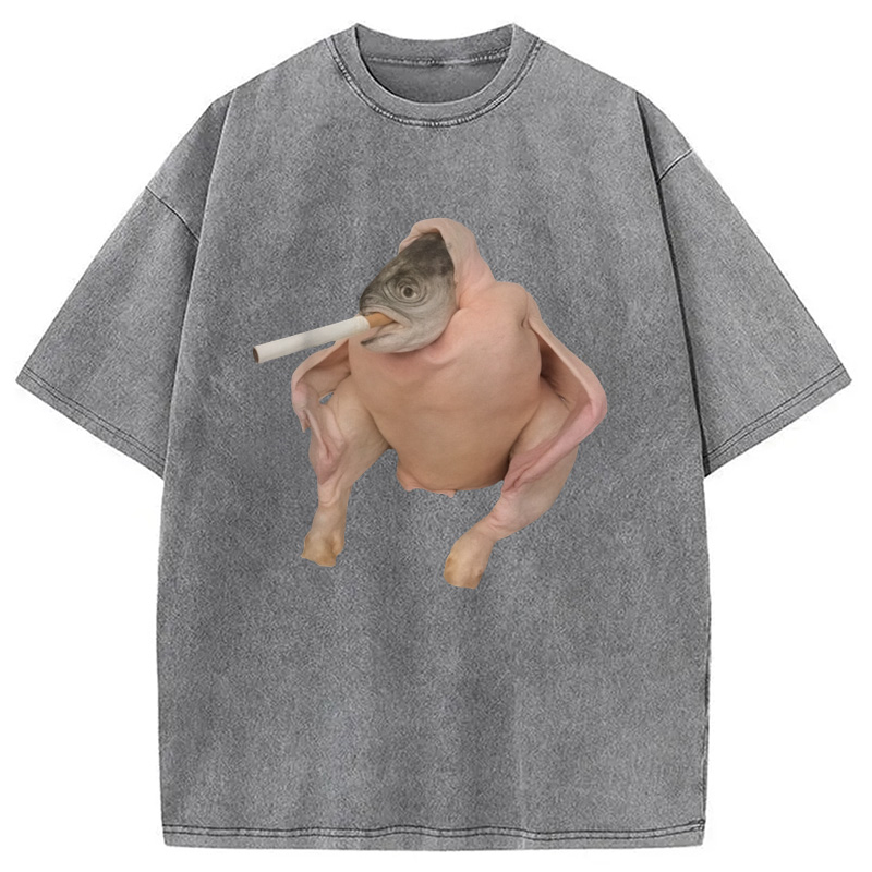 Modecanvas Fish Chicken Face Smoking a Cigarette Funny Meme Washed T-Shirt