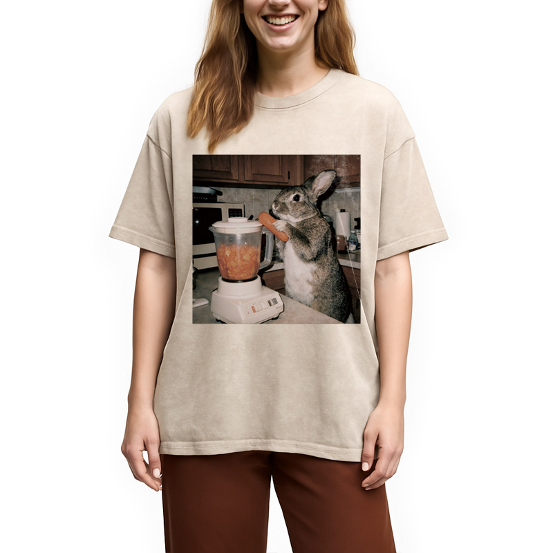 Modecanvas Rabbit Carrot Shake DTG Printing Washed T-Shirt
