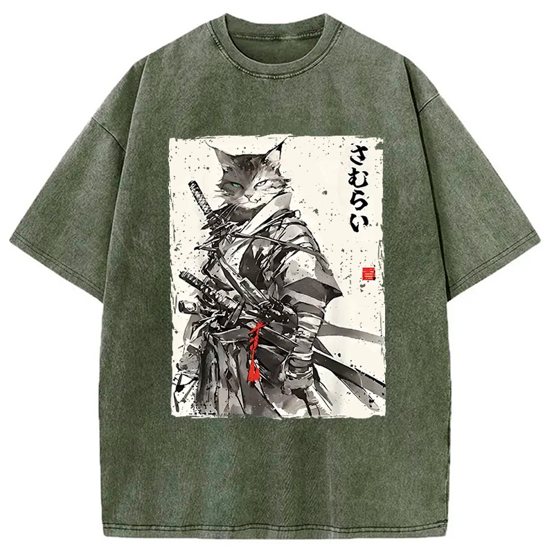 Modecanvas Retro Japanese Cat Samurai Washed T-Shirt