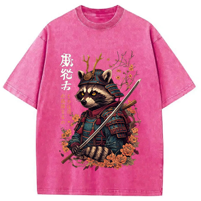 Modecanvas Japanese Raccoon Art DTG Printing Washed T-Shirt-modecanvas