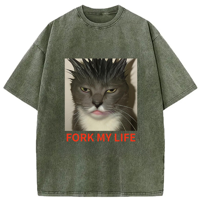 Modecanvas Gray Cat Fork My Life Washed T-Shirt