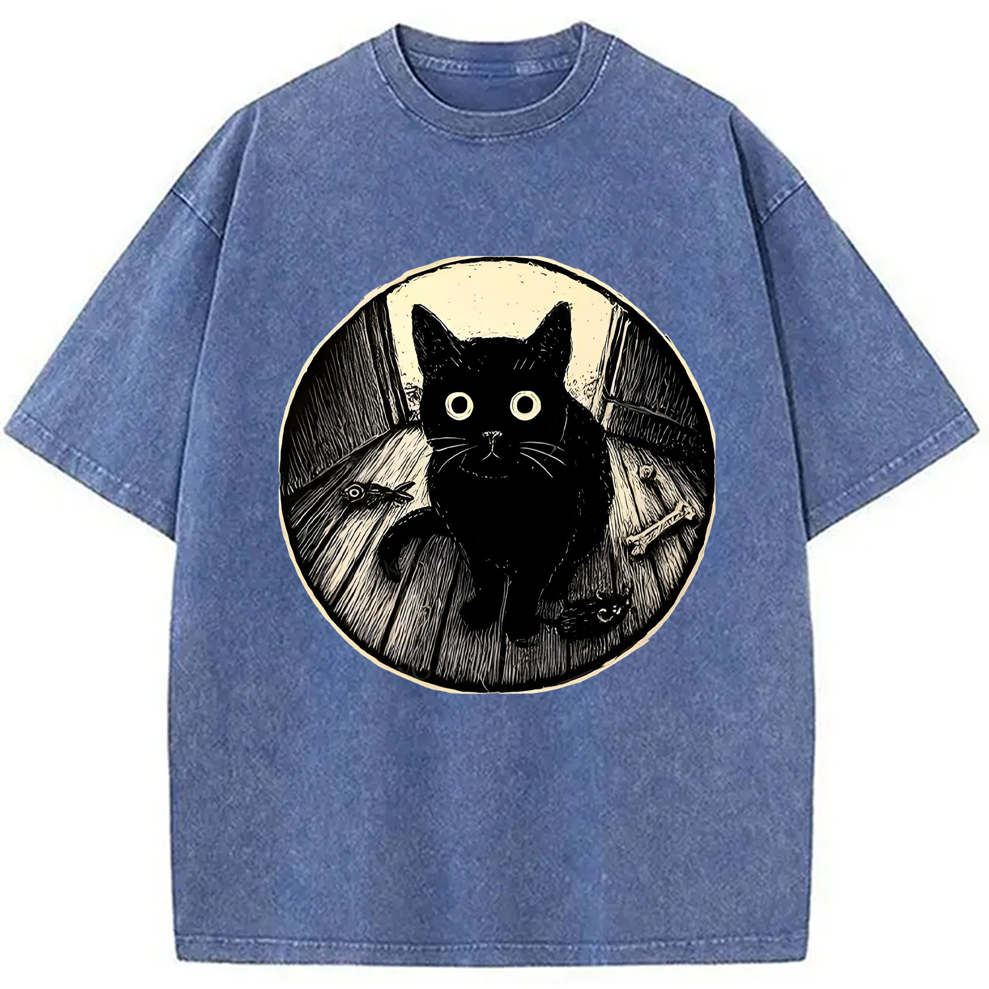 Modecanvas Waiting Black Cat Washed T-Shirt
