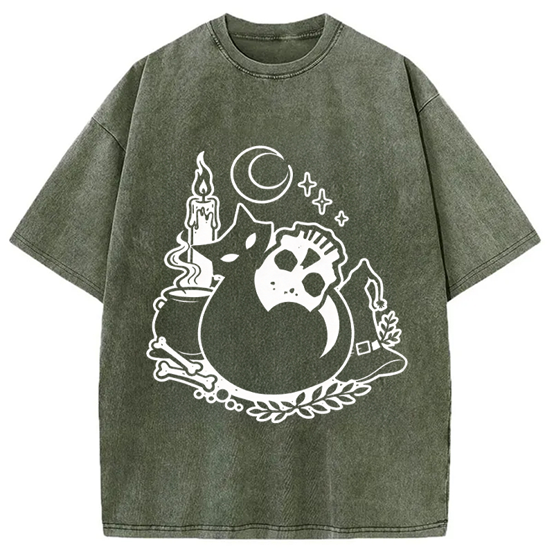 Modecanvas Black Cat Holding Skull DTG Printing Washed T-Shirt