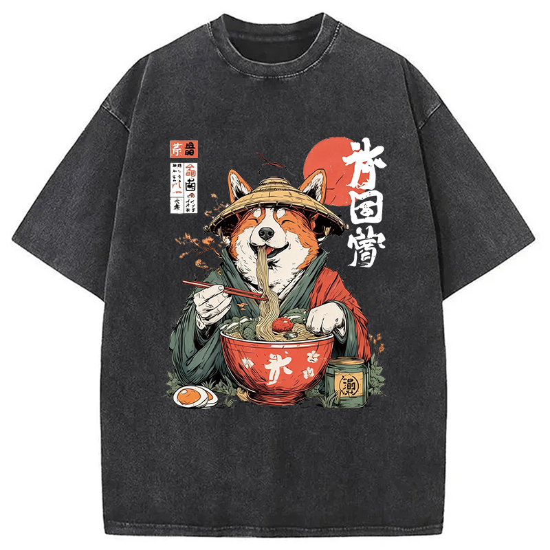 Modecanvas Corgi Eating Ramen DTG Printing Washed T-Shirt-modecanvas