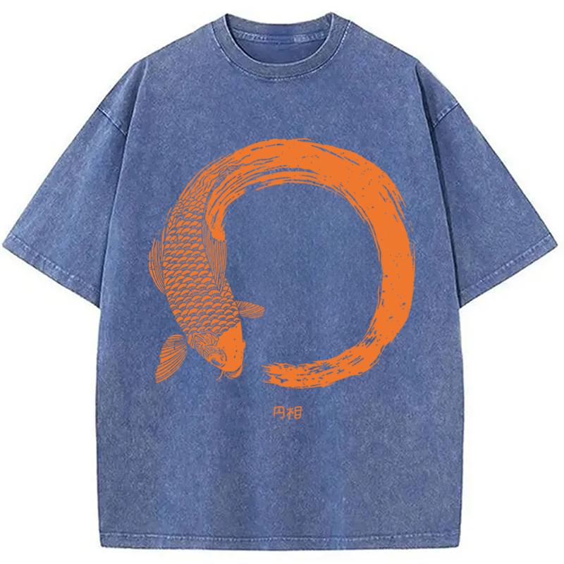 Modecanvas Orange Koi Fish Circle DTG Printing Washed T-Shirt