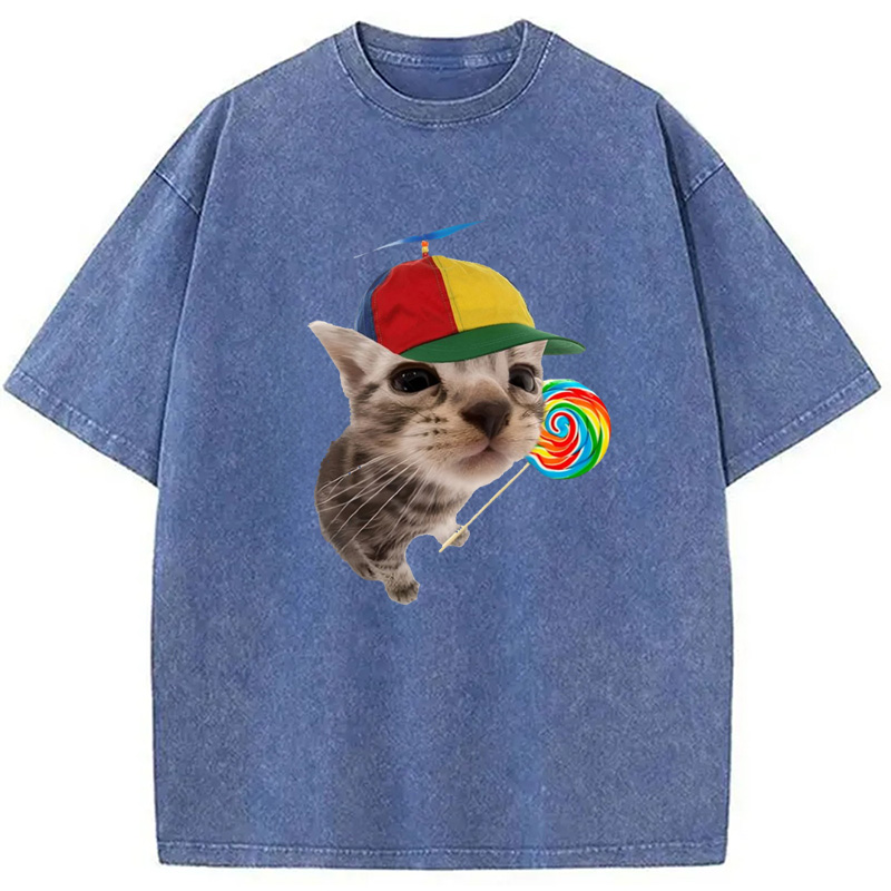 Modecanvas Cat With Lollipop And Hat Washed T-Shirt-modecanvas