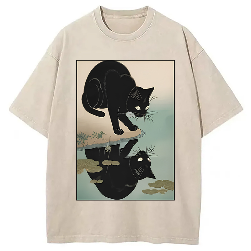 Modecanvas Cat Drinking River Water Washed T-Shirt