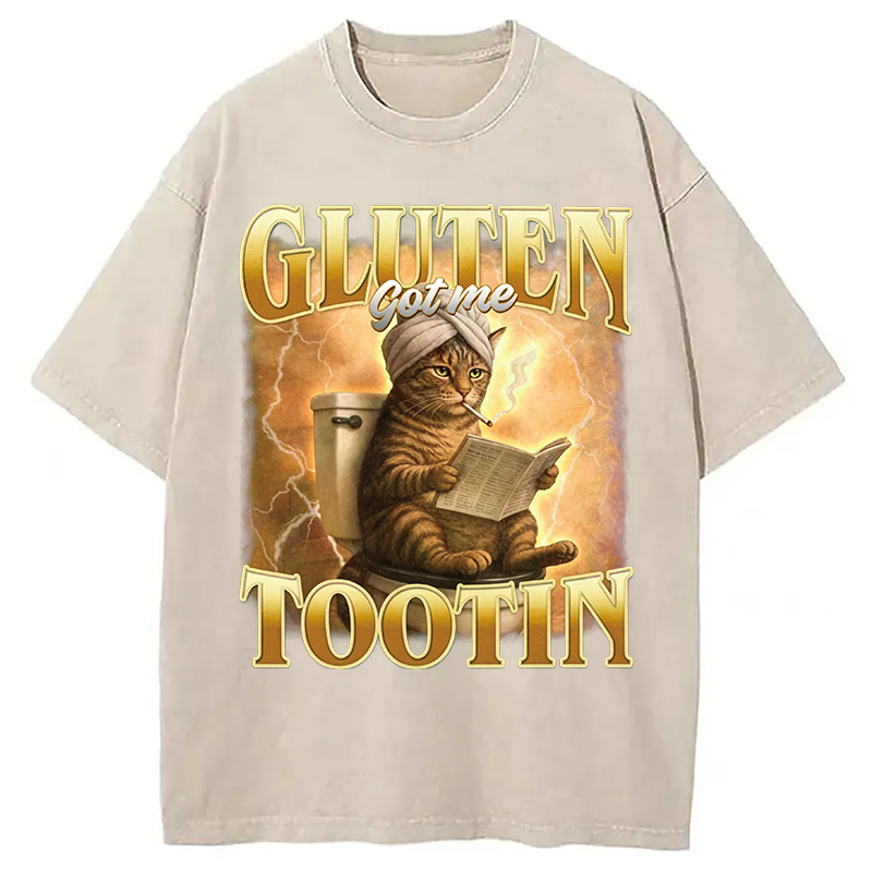 Modecanvas Gluten Got Me Tootin Funny Cat Meme DTG Printing Washed T-Shirt