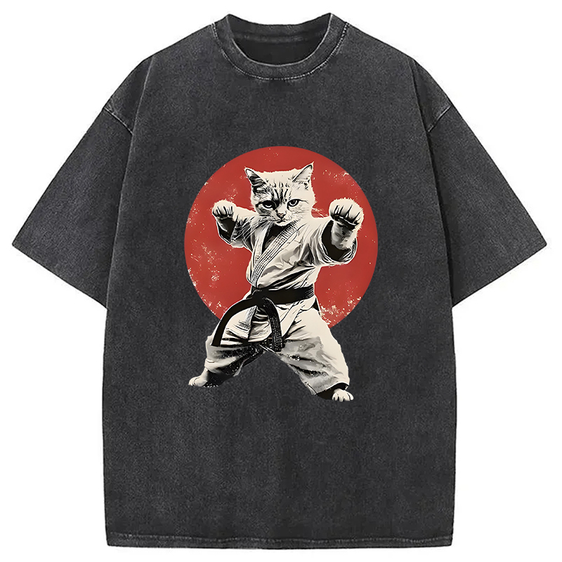 Modecanvas Japanese Karate Cat Washed T-Shirt-modecanvas