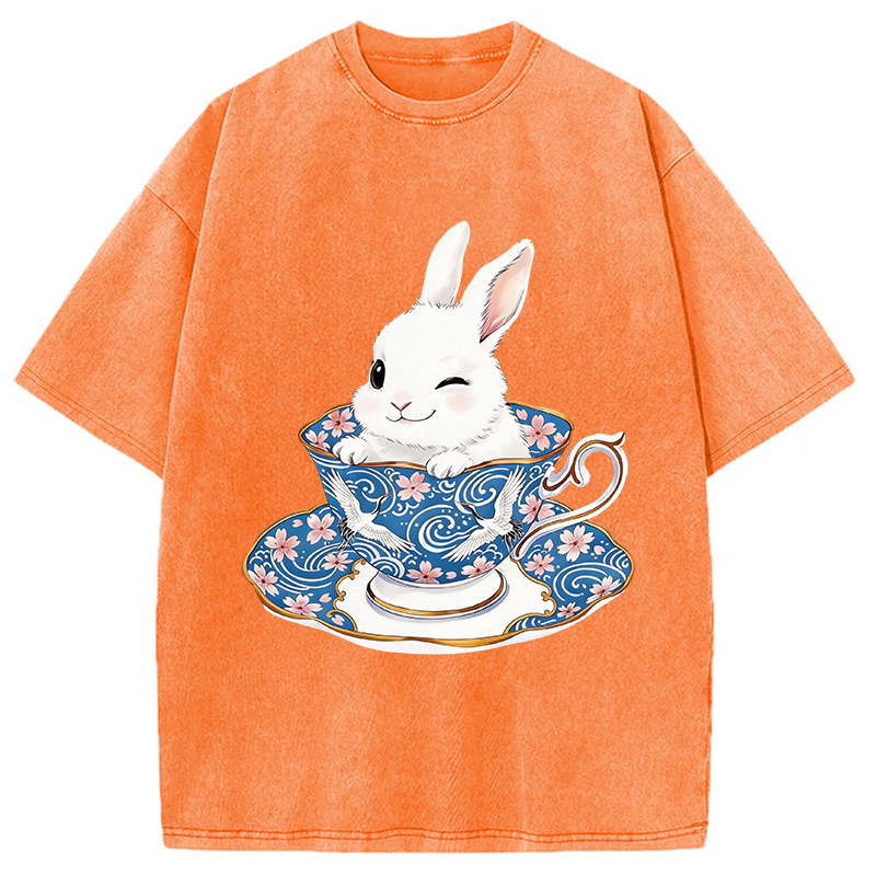 Modecanvas Cute Rabbit Tea Set DTG Printing Washed T-Shirt