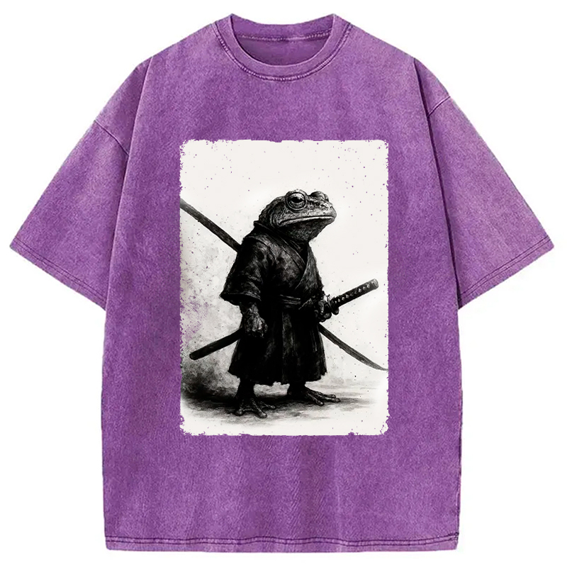 Modecanvas Retro Frog Samurai Japanese Washed T-Shirt