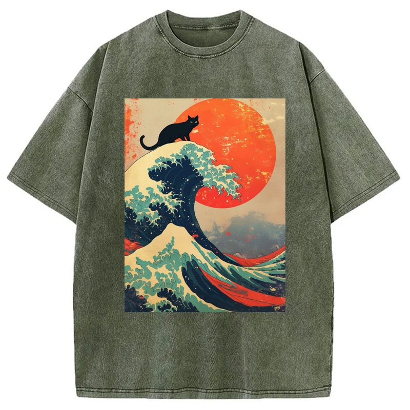 Modecanvas Black Cat On Great Wave Washed T-Shirt