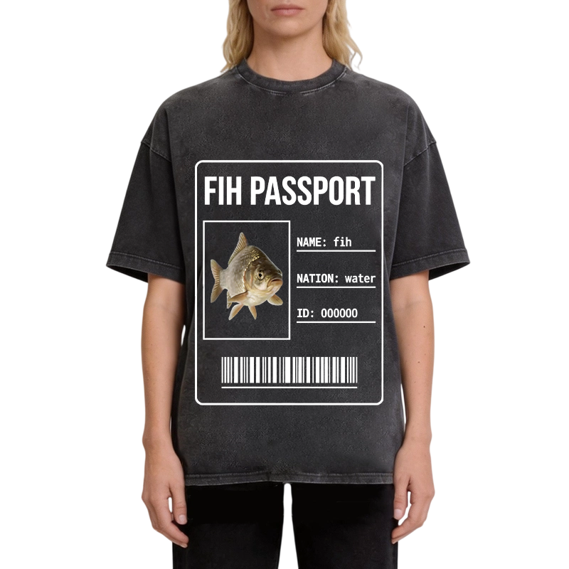 Modecanvas Fih Fish Passport Meme DTG Printing Washed T-Shirt