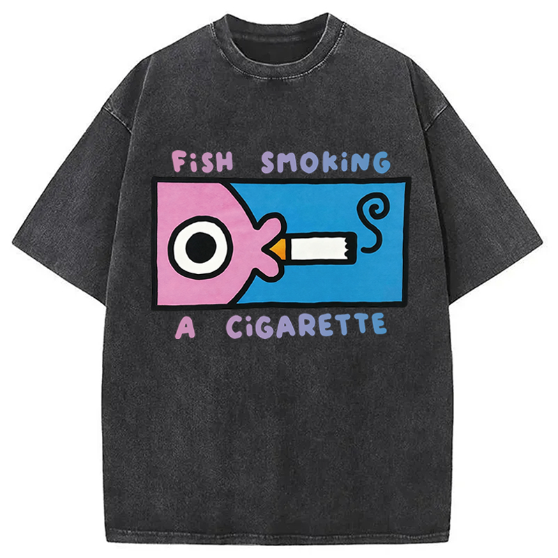 Modecanvas Fish Smoking A Cigarette DTG Printing Washed T-Shirt