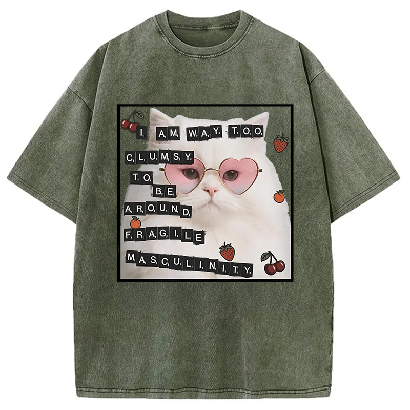 Modecanvas Funny Cat Fragile Masculinity DTG Printing Washed T-Shirt