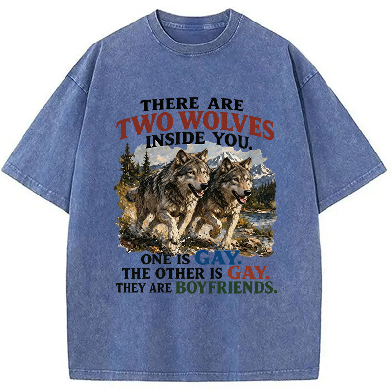 Modecanvas Two Wolves Gay Boyfriends Meme DTG Printing Washed T-Shirt
